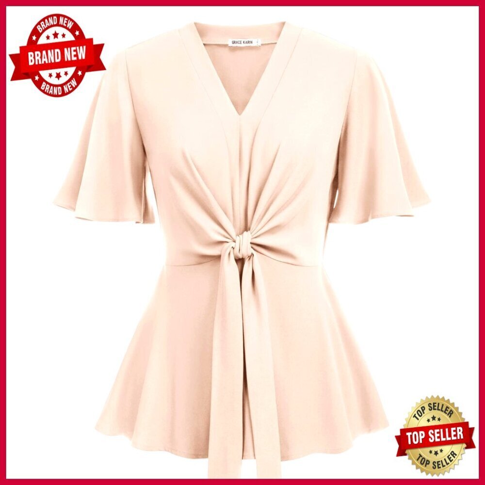 V-Neck Peplum Blouse with Bell Sleeves, Elastic Waist, Slim Fit